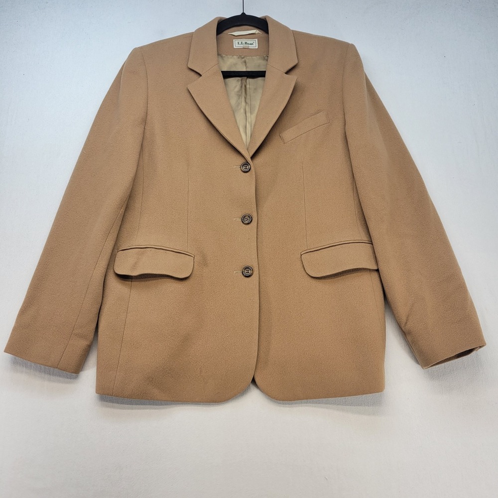 L.L. Bean Blazer Womens 14 Camel Tan Wool Cashmere Blend 3-Button Made in USA